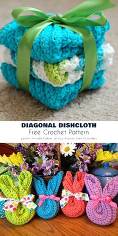 crocheted dishcloths are stacked on top of each other with green ribbon