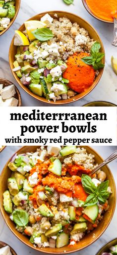 several bowls filled with different types of food and the title reads mediterranean power bowls with red pepper sauce