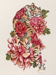 a painting of a tiger with flowers on it's back and its tail curled up