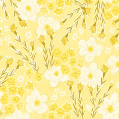 a yellow and white floral pattern with many flowers on the bottom half of the image