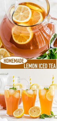 homemade lemon iced tea in glasses and pitcher