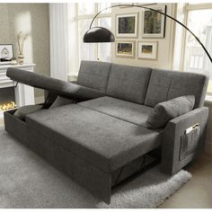 a living room with a couch that has a pull out bed in the middle of it