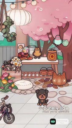 an animated image of a room with many items on the table and in the tree