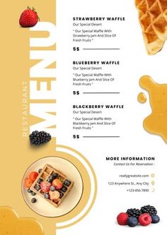 a menu with waffles and berries on it