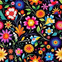 Mexican Floral Fiesta Pattern 1 Fabric - ineedfabric.com Mexican Pattern, Art Supplies Bag, Huichol Art, Mexican Designs, Mexican Decor, Digital Print Fabric, Mexican Art, Native American Art, Textile Prints