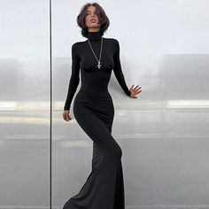 Half turtleneck long sleeve dress Black Dress Winter, High Neck Maxi Dress, Maxi Bodycon Dress, Long Sleeve Outfits, Fishtail Dress, Ribbed Dress, Bodycon Maxi Dresses, Womens Turtleneck, Basic Long Sleeve