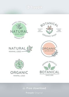 the logos for organic shop are shown in three different colors and font styles, including green leaves