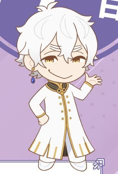 an anime character with white hair, wearing a coat and holding his hand out to the side