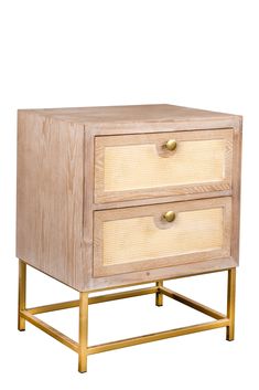 two drawers with gold handles and wicker inserts on each drawer, against a white background