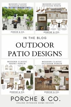 an outdoor patio with chairs, tables and potted plants in the background text reads in the blog outdoor patio designs