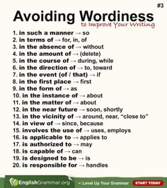 a poster with words that say avoiding wordings to improve your writing skills in english