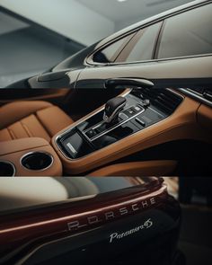 the interior of a car with brown leather and black trims is shown in this image