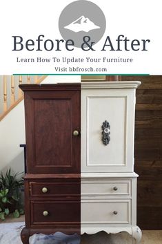 the before and after image shows how to paint furniture with white, brown and black