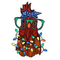 a drawing of a chicken wearing glasses with christmas lights around it's neck and head