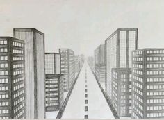 a drawing of a city street with tall buildings on both sides and one car driving down the road