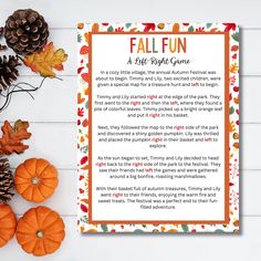 a fall fun poem next to some pumpkins and pine cones on a white table