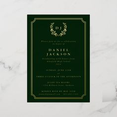 a green and gold wedding card with an elegant monogrammed wreath on the front