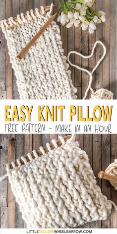 an easy knitted pillow is shown with text overlay