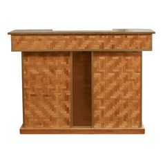 a wooden cabinet with two doors and shelves on the front, made out of bamboo