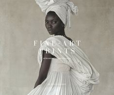 a woman wearing a white dress and turban with the words fine art prints on it