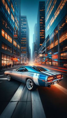 The sleek lines of a Mopar muscle car with blue racing stripes are showcased on a city street at dusk, the car's polished surface gleaming under the city lights, making for an eye-catching iPhone wallpaper. Trippy Pictures, Car Wheel Cover, Car Iphone Wallpaper, 1968 Dodge Charger, Plymouth Road Runner, Fantasy Cars, Plymouth Duster, Free Lightroom Presets Portraits, Nascar Cars