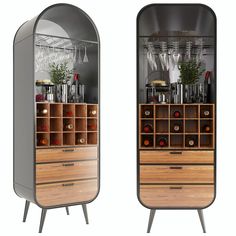 two tall wooden cabinets with wine glasses on them