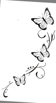 three butterflies flying in the air with swirls and scrolls on it's wings