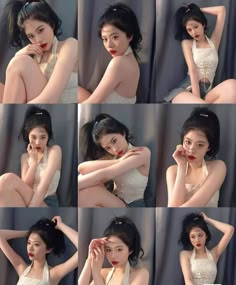 many different pictures of a woman posing with her hands on her face and wearing a white dress