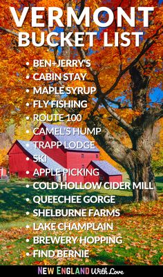 the vermont bucket list is shown in front of an autumn tree with leaves on it