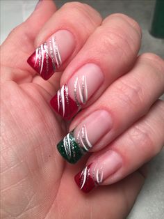 Christmas French Tip Nails Red And Green, Green And Red Nails Christmas, Green French Manicure, Red And Green Christmas Nails, Red And Green Nails, Pink Glitter Nail, French Manicure Nail Art, Green Christmas Nails, Pink Holographic Nails