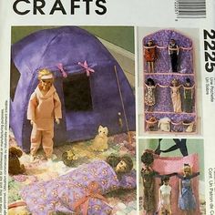 an article in a magazine about crafts and dollhouse furniture with pictures of people standing near a tent