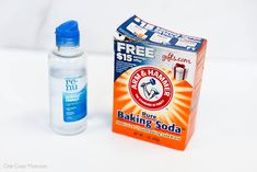 a bottle of baking soda next to a carton of free stimble soap