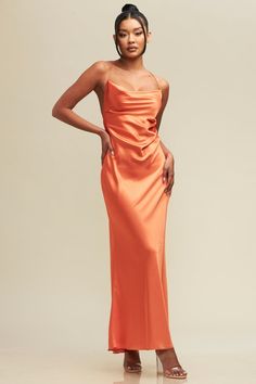 Nina Morena | Silky Satin Chain Bias Dress Orange Satin Dress Outfit, Long Tight Dresses, Orange Satin Dress, Orange Formal Dresses, Satin Dress Outfit, Orange Silk Dress, Burn Orange, Peach Orange Color, Bias Dress