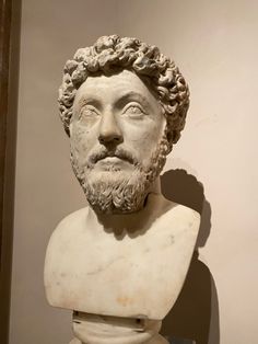 a marble bust of a man with curly hair and beard