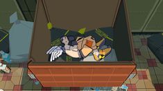 an animated image of a person laying on the ground in a room with many objects