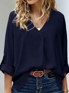 Casual Solid Color Loose V-Neck Long-Sleeved Blouse Blue V-neck Blouse For Office, Light Blue V-neck Top For Office, Elegant Blue Solid Color Tops, Blue Solid Color Blouse For Beach, Blue Solid Color Beach Blouse, Navy V-neck Blouse For Spring, Feminine Shirts, Loose Pullover, Roll Up Sleeves