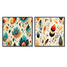 two paintings with different designs on them, one in orange and the other in blue