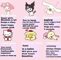 an image of hello kitty and other cartoon characters with their names in english or japanese