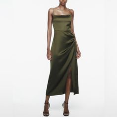 Nwt Zara Midi Dress Sz Large Dark Olive Green Satin Material Beaded Straps Wrap Style At Waist W Gathered Side Front Slit Zip In Back Has Tags Attached But Some Flaws From In Store/ Try On Pull Down Back And Small Flaw By Bottom Of Zipper Zara Midi Dress, Midi Wrap Dress, Bodycon Maxi Dresses, Fashion Victim, Khaki Dress, Pleated Midi Dress, Satin Midi Dress, Formal Style, Animal Print Dresses