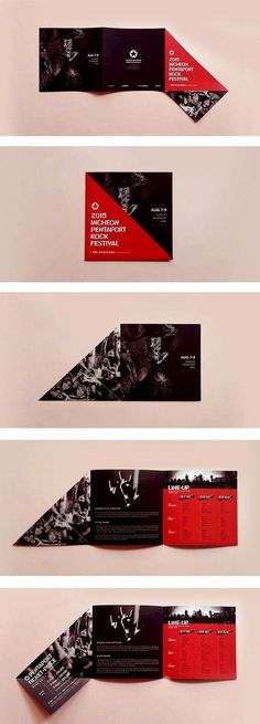 three different types of business cards with red and black designs on the front, back and side