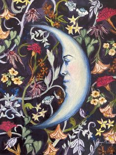 a painting of a woman's face on the moon with flowers and leaves surrounding it