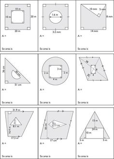 the area and perimeters of different shapes are shown in this worksheet, which includes