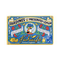 an advertisement for sardines with preserved lemon in blue and yellow on a white background