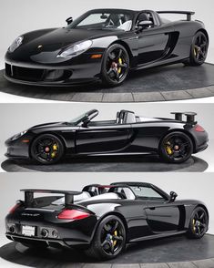 three different views of a black sports car