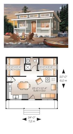 the floor plan for a small cabin with two rooms and a loft on one level