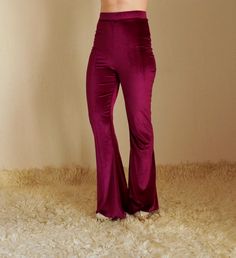 "Burgundy velvet high waist bell bottoms women I created this awesome purple high waist velvet bell bottoms from stretchy velvet.This cozy and so soft purple velvet bell bottoms will carry you to 70s. This cute stretchy bell bottoms are so comfortable and stylish.You can wear this stylish and trendy leggings to go to festival,school,club, yoga or special occasion. SIZE INCHES; Extra Small (US 0-2) (AU 6 ) (UK 6) Waist: 26\" In seam:31\" Out seam:46\" Leg opening:29\" Small (US 2-4) (AU 8) (UK 8) Fitted Flares For Night Out In Fall, Fitted High-waisted Flares For Night Out, Fitted Wide Leg Festival Flares, Trendy High Waist Party Flares, Fitted Flared Hem Bottoms For Party, Full-length Velvet Bottoms For Night Out, Full Length Flares For Night Out In Fall, Full Length Velvet Bottoms For Night Out, Trendy High-waist Party Flares