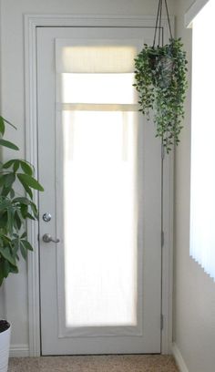 a door with a potted plant hanging from it's side next to a window