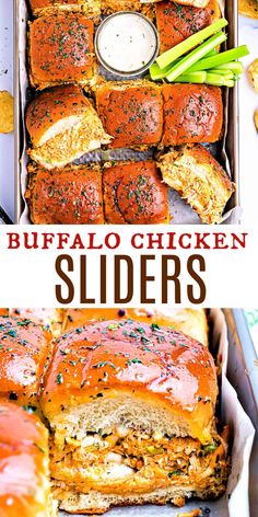 buffalo chicken sliders in a box with dipping sauce