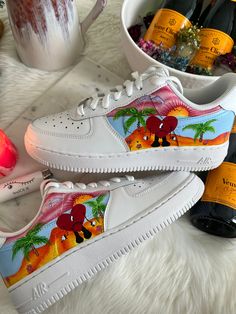 Hand Painted Bad bunny pr album cover on af1 sneakers womens sizes Turn around time is 2-3 weeks Bad Bunny Shoes, Sneakers Painting, White Tip Acrylic Nails, Upcycle Shoes, Hand Painted Sneakers, Bunny Quotes, Bunny Theme, Hispanic Aesthetic, Bunny Shoes