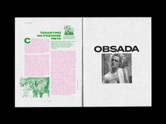 an open book with black and white photos on it's cover, which reads obsada